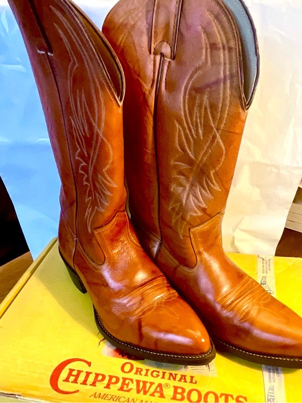 Chippewa Vintage Men 9.5 D Tan Leather Cowboy Boots 13" Vibram Soles In Box